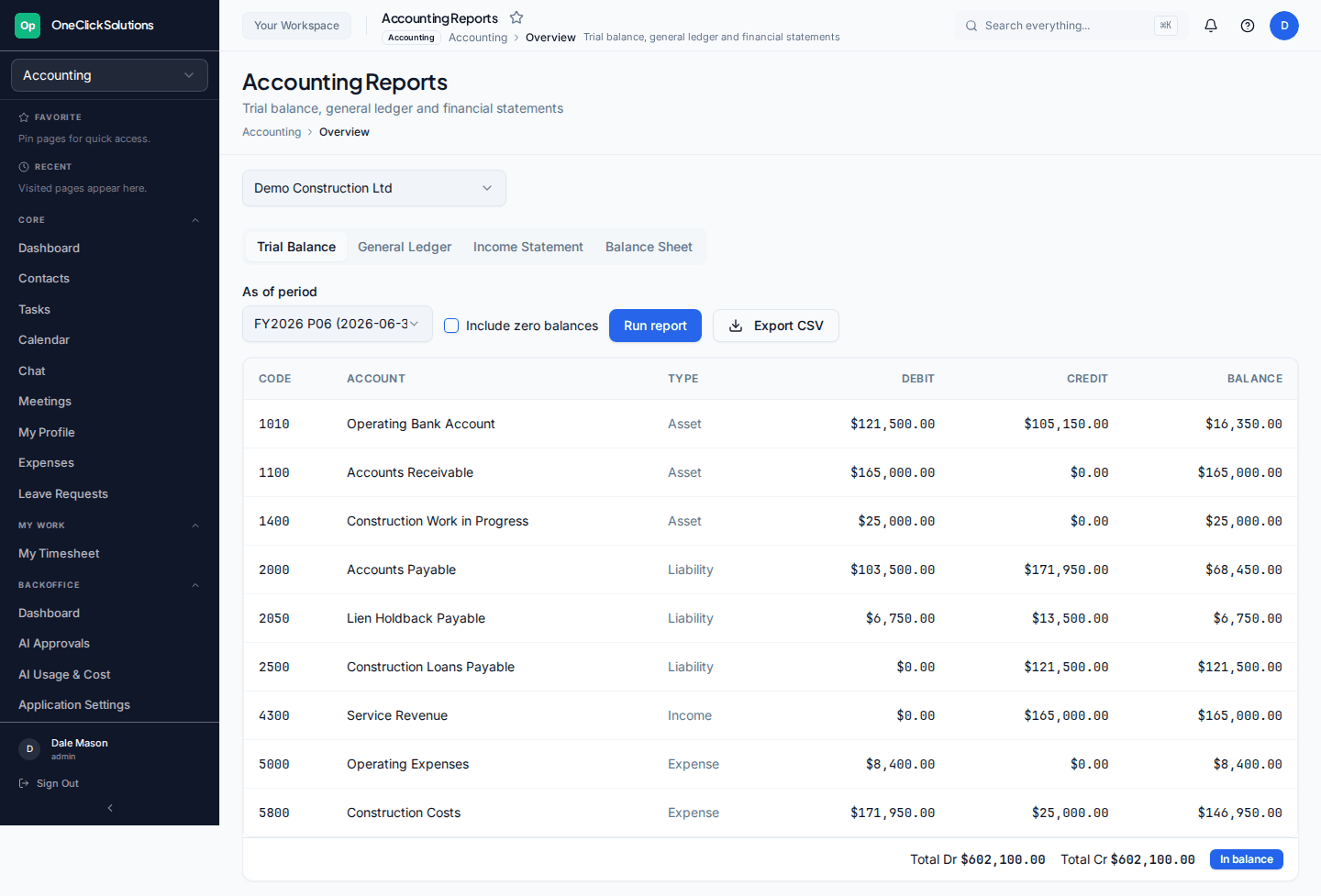 Platform accounting trial balance report for a construction entity, in balance, with lien holdback payable account