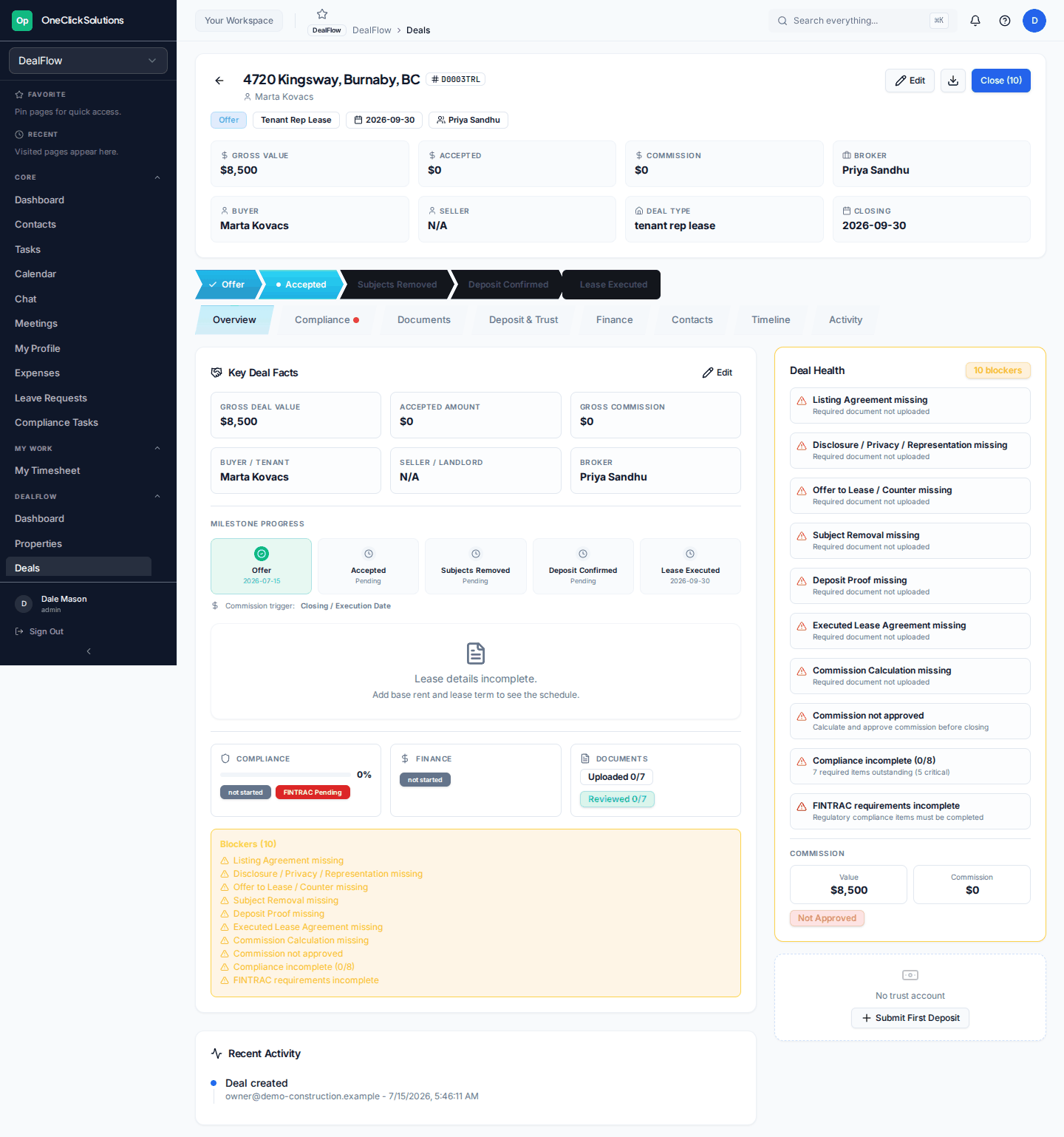 DealFlow deal profile showing milestones, compliance checklist status, deposits, and deal health blockers